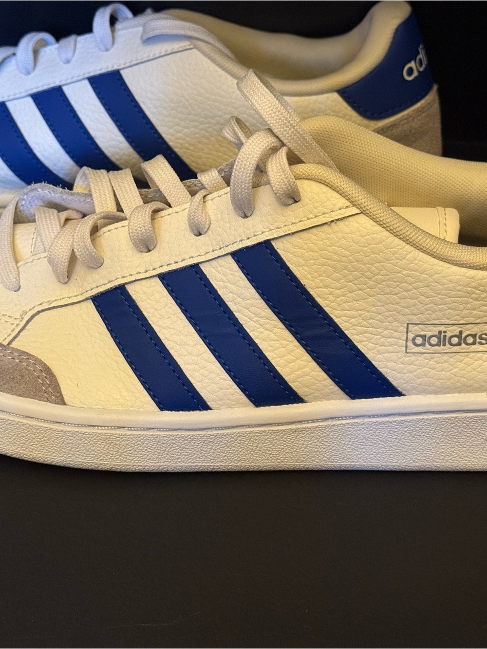 adidas Men’s cloud form White Leather Sneakers with Blue Three-Stripes